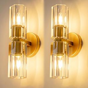 Plsintly Gold Crystal Wall Sconces Single Wall Sconce Single, Brass Sconces Wall Lighting with K9 Crystal Lampshade, Wall Lights for Bedroom Living Room Bathroom Hallway