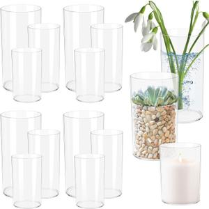 12 Set Clear Plastic Cylinder Vases (4pcs Each: 4", 6", 8")  Decorative Centerpiece Vase for Flowers, Floating Candles, Wedding & Home Dcor