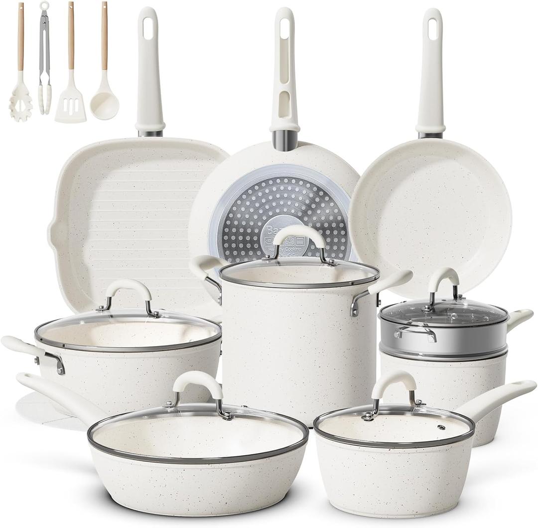 24Pcs Pots and Pans Set Non Stick,Ceramic Cookware Set with 8Qt Stockpot,Titanium-Reinforced Long-Lasting Nonstick,PFAS-Free,Induction Compatible,Complete Kitchen Set for Batch Cooking & Family Meals
