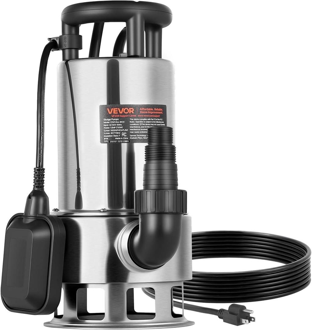 VEVOR 1 HP Submersible Sump Pump, 5500 GPH, Stainless Steel Submersible Sewage Dirty Clean Water Pump with Automatic Float Switch, Long Cord, 30 ft Max Lift, for Pools, Garden, Pond, Flooded Areas