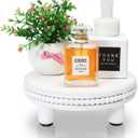 Farmhouse Beaded Wood Pedestal Tray Decor, 7.6 Round Vintage Display Stand, Decorative Accent Display Riser for Kitchen, Bathroom Small Items (White)