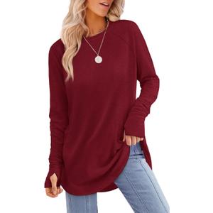 XIEERDUO Womens Tunic Tops to Wear with Leggings Long Sleeve Thumb Hole Shirts Crew Neck Curved Hem (3X-Large, H-burgundy)
