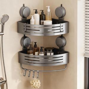Corner Suction Cup Shower Caddy(2-Pack Gray),No-Drilling Aluminum Shower Shelf with Towel Bar & Hooks,Removable Bathroom and Kitchen Storage Organizer. (Grey)