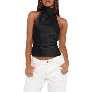 SOLY HUX Women's Satin Halter Backless Crop Top Sexy Sleeveless Tank Shirts Festival Party Clubwear (Black, S)