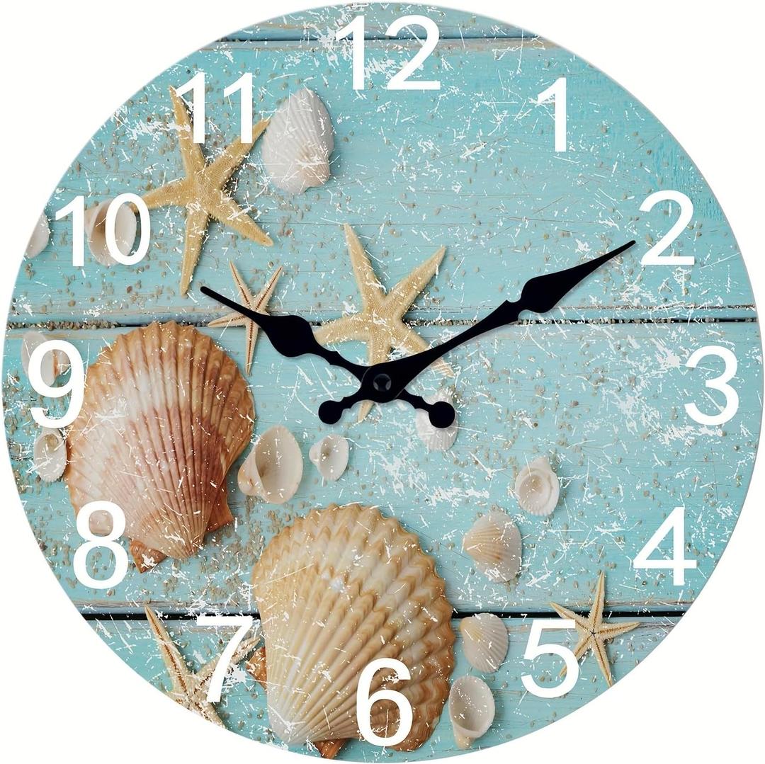 XNM 12 Inch Blue Wooden Wall Clocks Battery Operated Coastal Starfish Decorative Wall Clock for Living Room Bedroom Bathroom Sea Shell Wall Clock Silent Non Ticking