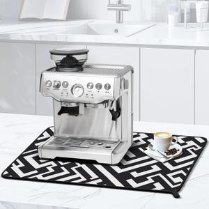 Coffee Mat for Breville - Coffee Station Espresso Machine Matt Coffee Pot Dish Drying Pad for Counter Organizer, 23.6"15.7" Extra Large Under Coffee Maker Bar Accessories, Anti-slip (Black and White)