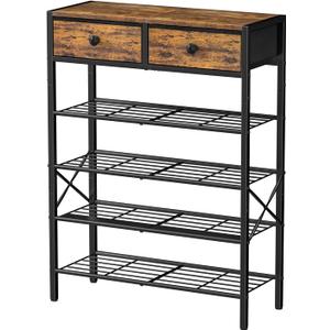 Shoe Rack for Entryway, 5 Tier Shoe Organizer with 2 Non-woven Drawers, Metal Storage Shoe Shelf for 16-20 Pairs of Shoes, with Wooden Top and Steel Frame, Shoe Stand for Closet Rustic Brown