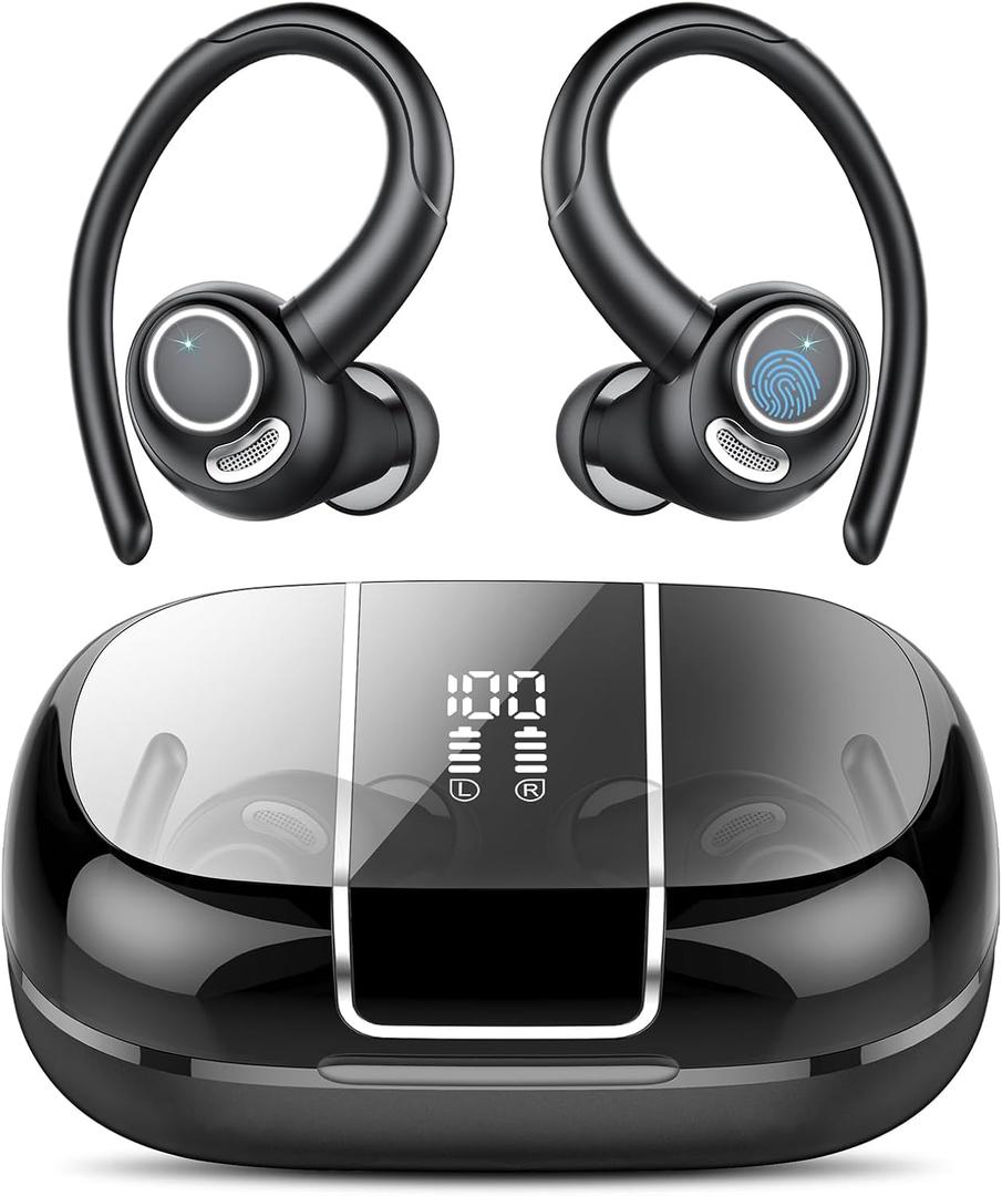 Wireless Earbuds Bluetooth 5.3 Headphones Sports, 48H Earphone with ENC Mic, Stereo Deep Bass Bluetooth Earbuds with Secure Earhooks, LED Display, IPX7 Waterproof Over Ear Buds for Running/Gym/Workout