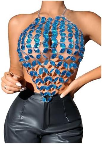 SHENHE Women's Open Back Sexy Diamond Body Top Backless Halter Rave Shirt Club Top