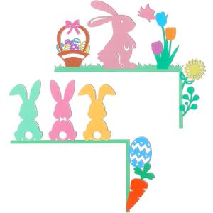 Wesiti 2 Pcs Easter Door Topper Bunny Carrot Egg Door Frame Corner Decoration Spring Sign Rabbit Wooden Decor Easter Props Gifts Cabinet Knob Covers for Wall Window Decor