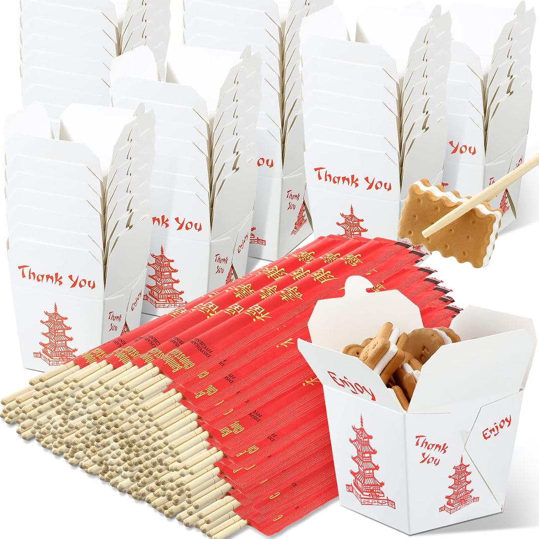 100 Sets 8 oz Chinese Take out Boxes with Chopsticks, Pagoda Paper Food Containers with Sleeved and Separated Disposable Chopsticks for Asian Party Decorations Favor Birthday Wedding Restaurant