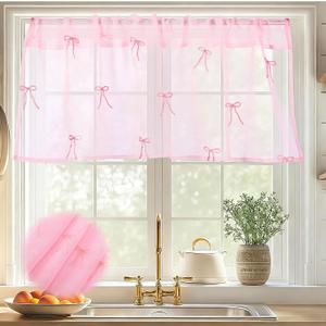 Tegeme 1 Panel Pink Bow Sheer Valances for Windows 52 x 18 Inch Embroidered Bow Decorative Valances Curtain for Small Window Kitchen Bathroom Living Room Rod Pocket Voile Curtain Coquettish Decor