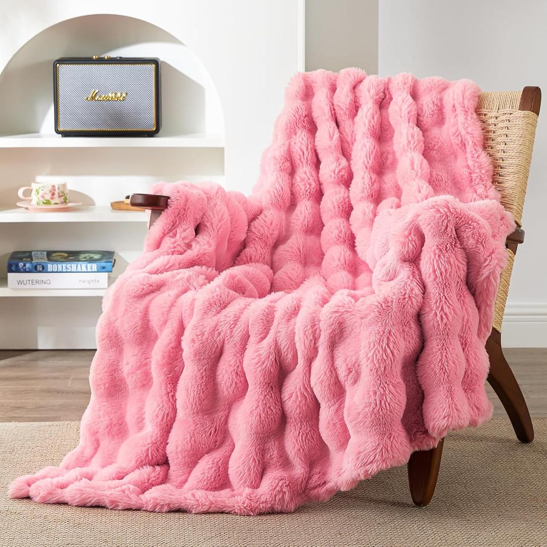 EXQ Home Fluffy Faux Rabbit Fur Throw Blanket for Couch, Soft Luxury Bubble Double Sided Plush Blanket, Cozy Thick Warm Fuzzy Decorative Blanket for Bed Chair Sofa Living Room,50"X60"(Dark Pink)