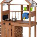 Mud Kitchen for Kids Outdoor, Kids Kitchen Playset with Canopy, Gardening Tools, Chalkboard, Flower Pot, Cookingware, Removable Water Tank, Ideal Gift for Boys and Girls 3+, Solid Fir Wood.