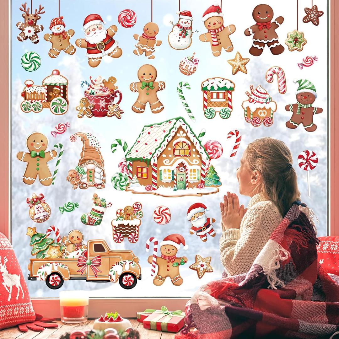 decalmile Christmas Gingerbread Man Candy House Cookie Window Clings Reusable Candyland Peppermint Car Window Decals Double Side Printed Window Stickers Nursery Shop Gift Party Supplies Decoration