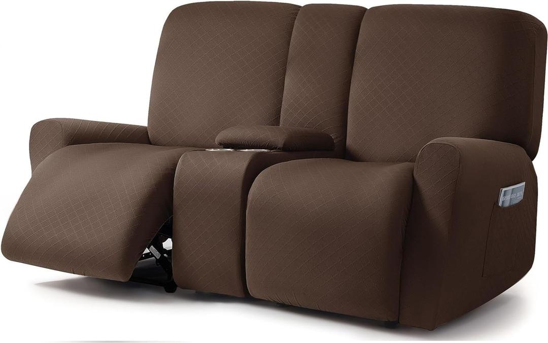 ULTICOR Squared Jacquard Design Reclining Loveseat with Middle Console Slipcover, 8-Piece Stretch Sofa Covers, 2 seat Loveseat Recliner Cover, Washabl (Loveseat With Console Recliner Cover, Chocolate)
