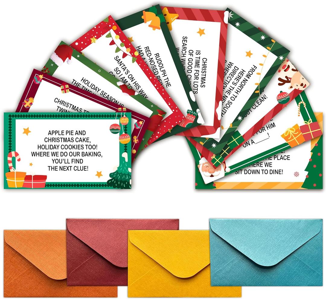2 x Christmas Scavenger Hunt Cards, Scavenger Hunt Clue Game Card for Adults Family, Christmas Party Decorations Supplies, 16 Cards with Envelopes- B03