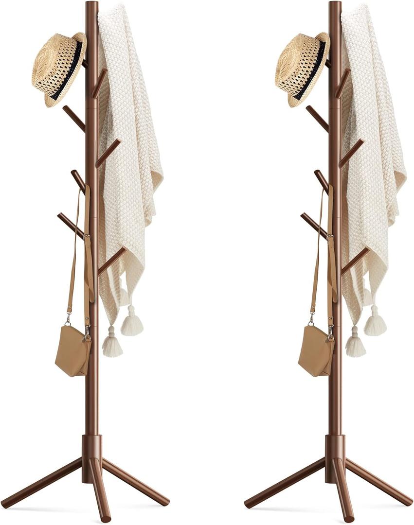 Haddockway Wooden Coat Rack Stand with 8 Hooks New Zealand Pine 3 Adjustable Coat Standing Tree Easy Assembly for Coats, Hats, Scarves and Handbags for Entryway, Hallway, Bedroom, Office,2 PCS (Brown)