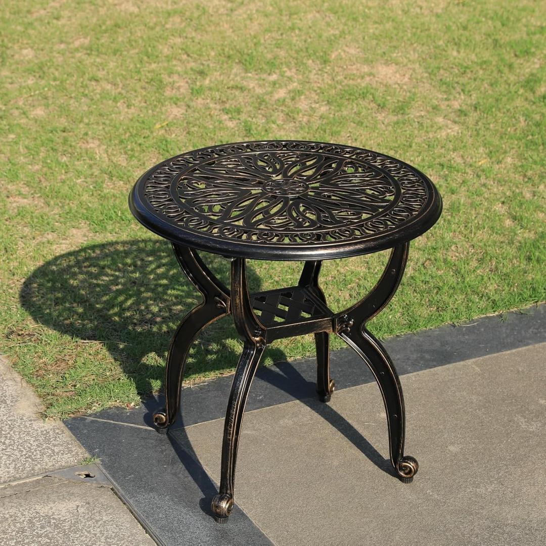 KAILI Outdoor Cast Aluminum Side Table Patio Side Table Backyard, Pool, Indoor, Easy Maintenance and Weather Resistant Coffee Table Porch Table Bistro Table (18.5round-Bronzed)