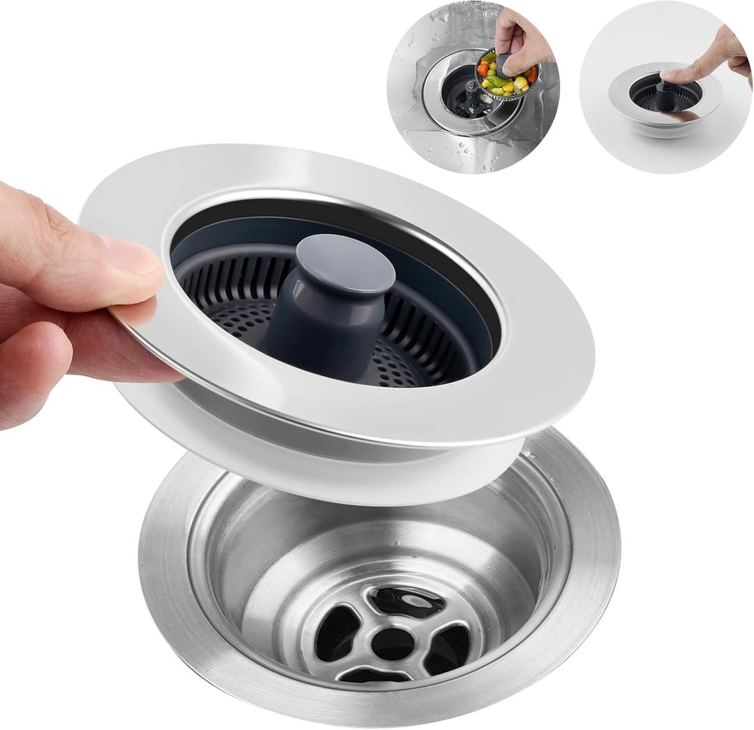 Hibbent 3 in 1 Kitchen Sink Drain Strainer, Stainless Steel Wrapped Shell Drain Stopper Combo, Pop Up Sink Stopper, Anti-Clogging Basket Strainer with Handle for US Standard 3-1/2" Drain