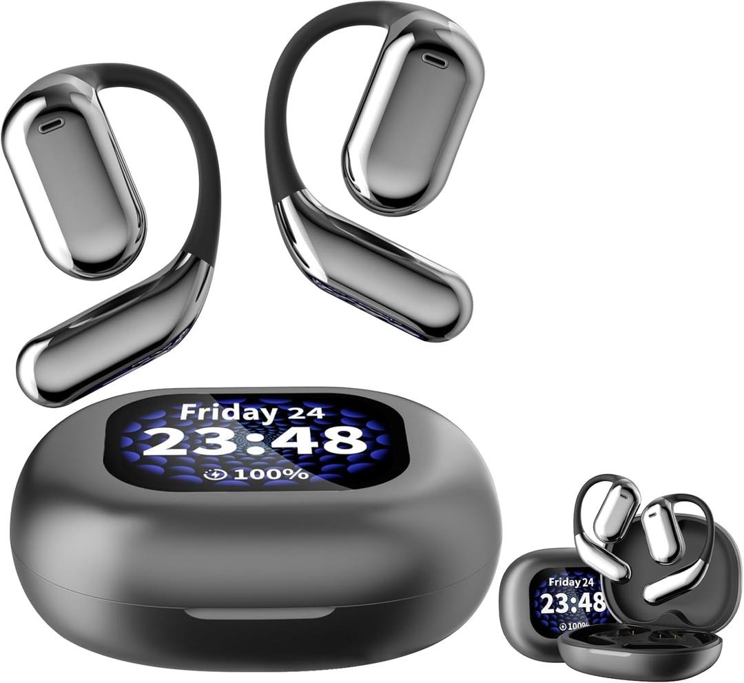True Wireless Open Ear Earbuds Bluetooth 5.4, Wireless Earbuds, Touch Screen Display, Waterproof Over The Ear Earbuds (Black)