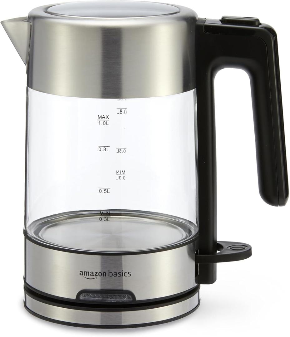 Amazon Basics 1.1-Qt (1.0L) Electric Kettle, Electric Tea Kettle & Water Boiler, With Auto Shut-Off, Boil Dry Protection, High-Safety Strix Thermostat, BPA-Free, 1500W, Glass Carafe, Black & Silver