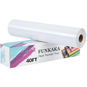FUNKAKA White HTV Heat Transfer Vinyl Rolls, 12" x 40ft Glossy White Iron on Vinyl for T-Shirt, Adhesive White HTV Vinyl for All Cutter Machines Easy to Cut & Weed for Heat Vinyl Design