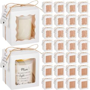ReliThick 50 Set Candle Gift Box Transparent Gift Packaging for 4-10 oz Candles 50 Paper Thank You Tag for Wedding Birthday Baby Shower Party Favor, 3.35x3.35x3.94 in(White,Square)