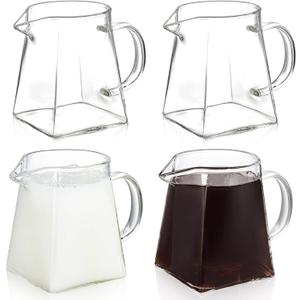 Yarlung 4 Pack Small Glass Pitcher, 12 Oz Clear Creamer Pitcher with Handle, Creative Coffee Milk Pitcher Tea Fair Cups for Table Serving, Square Base