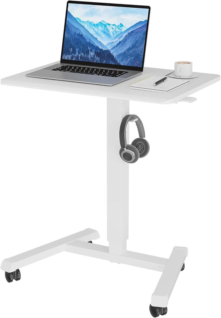 BONTEC 25.6" x 17.7" Mobile Standing Desk, Gas Spring Mobile Stand Up Desk, Portable Podium, Height Adjustable Laptop Standing Table for Home, Office, School, Medical, White