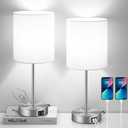 Set of 2 Table Lamps with USB Ports, White Bedside Lamps with AC Outlet, Modern Nightstand Lamps with Rotary Switch, Minimalist Desk Lamp with Fabric Shade for Bedroom Living Room Office Reading
