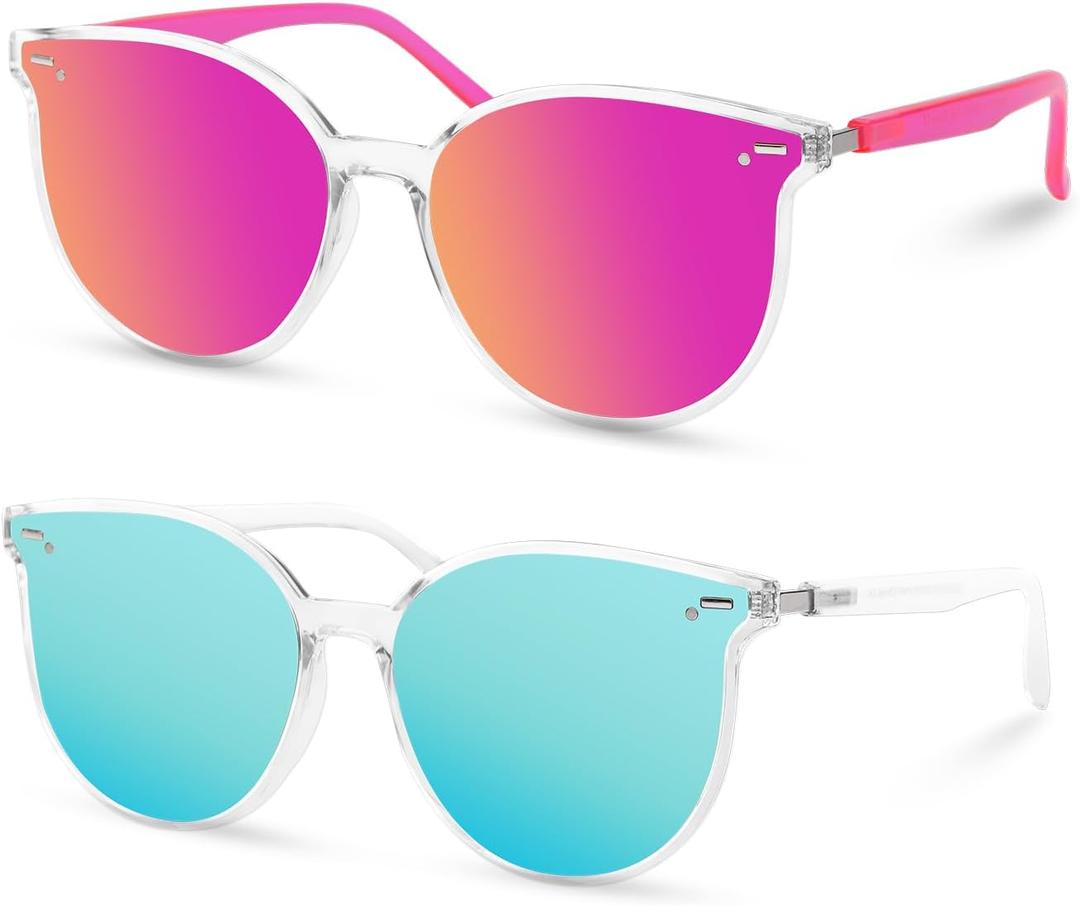 Retro Round Sunglasses for Women, Pink Sunglasses Womens with Classic Trendy Frame Sunnies Shades UV400 Blocking (Pink+light Blue)