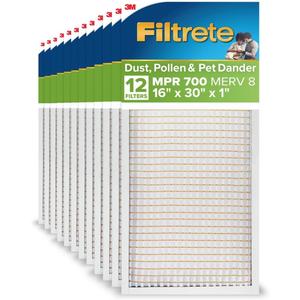 Filtrete 16x30x1 AC Furnace Air Filter, MPR 700, MERV 8, Tough on Pollen, Easy on Airflow, 3-Month Pleated 1-Inch Electrostatic Air Cleaning Filter, 12-Pack (Actual Size 15.81 x 29.81 x 0.81 in)
