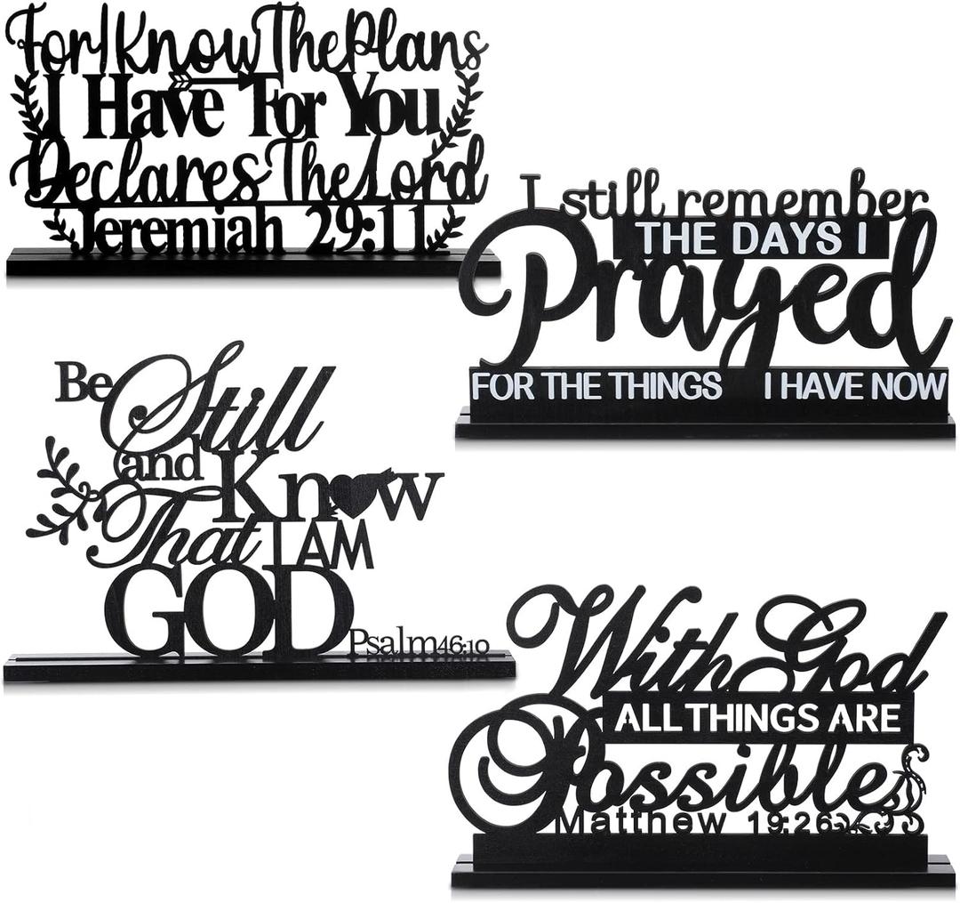 Blulu 4 Pack Inspirational Table Decorations Wooden Christian Faith Bible Verse Centerpieces Black Motivational Prayer Room Blessed Signs for Home Office Living Room Kitchen Farmhouse Art Decor