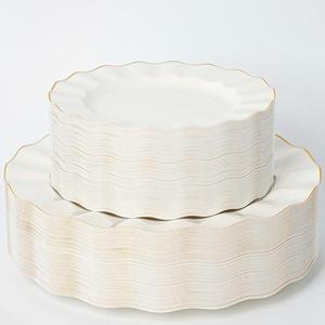 HIGH END 100 Pcs Ivory Wave Plastic Plates with Gold Trim, Fancy Disposable Plate Sets Include 50 Dinner & 50 Dessert Plastic Plates, Elegant Disposable Plate Set For Party, Thanksgiving (30 Guests)