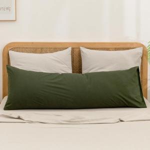 BESTOUCH 100% Washed Cotton Pillowcase for Hair and Skin Linen Feel Soft Comfortable Breathable 1 Pcs Pillow Case with Envelope Closure Solid Olive Green Body 20x54 Inches