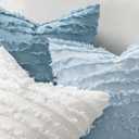 MIULEE Set of 2 Decorative Boho Throw Pillow Covers Linen Striped Jacquard Pattern Summer Cushion Covers for Sofa Couch Living Room Bedroom 16x16 Inch Light Blue