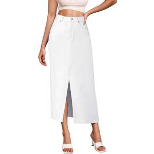 Hybrid & Company Women's Long Denim Skirt Stretch Jean Skirt for Office and Casual Wear (White, M)