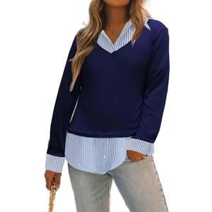 Oyamiki Women's Casual Collared Curved Hem 2 in 1 Pullover Tops Plaid Contrast Shirt Blouse (Blue, S)