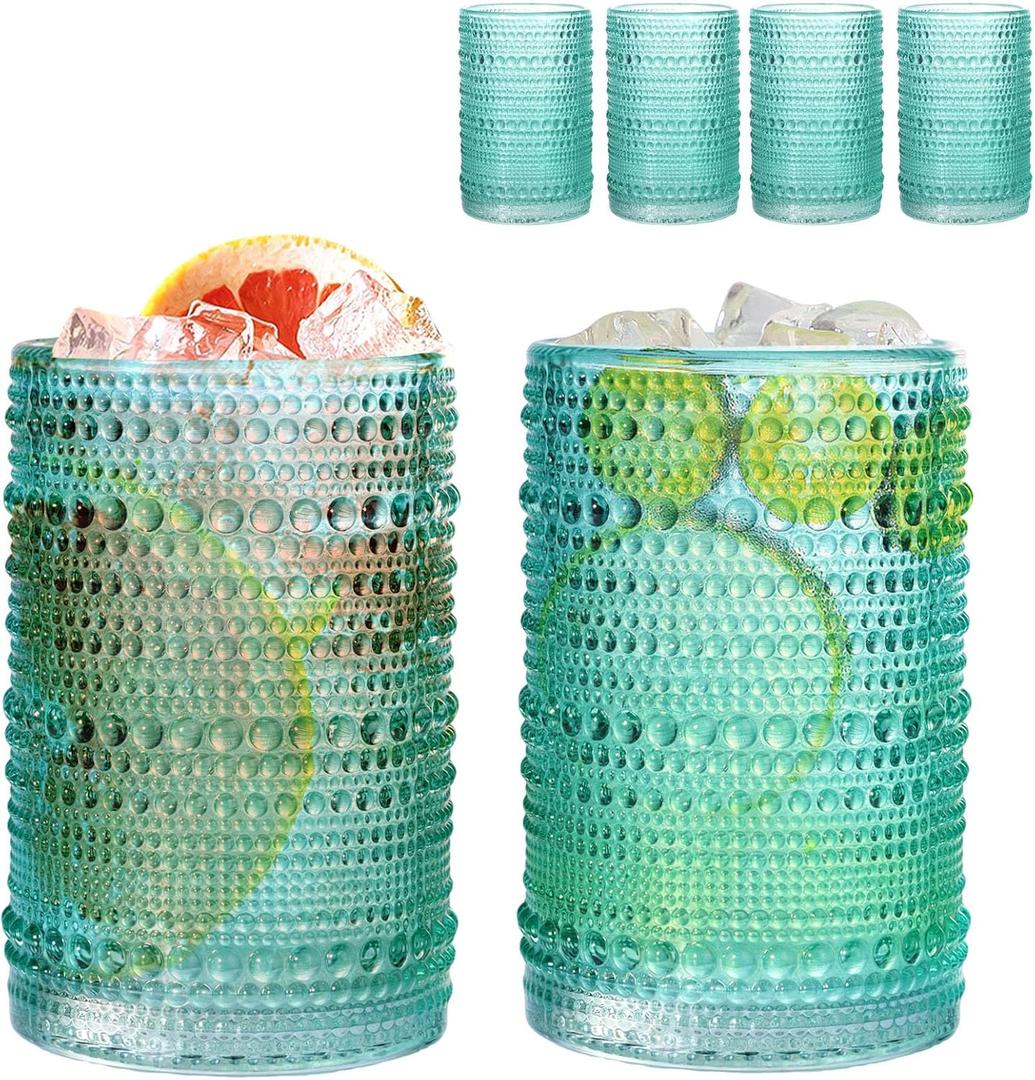 Set of 4 Hobnail Drinking Glasses, 15oz, Vintage Jupiter Drinking Glasses,Embossed Old Fsahioned Glassware for Beer,Water,Juice,Cocktail,Whiskey,Gift (Pool Blue, Large)