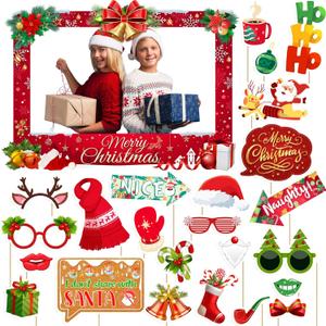 2 x Christmas Photo Booth Props Kit - Large Size Selfie Frame & 24 Pcs Christmas Picture Props for Photoshoot Gift Box, Xmas/Winter/Holiday New Year Party Favors Supplies Jokes Favors