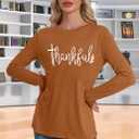 Thanksgiving Shirts for Women: Thankful Letter Printed Long Sleeve Shirt Thankful Greatful Blessed Shirts Fall Pumpkin Tops (XL)