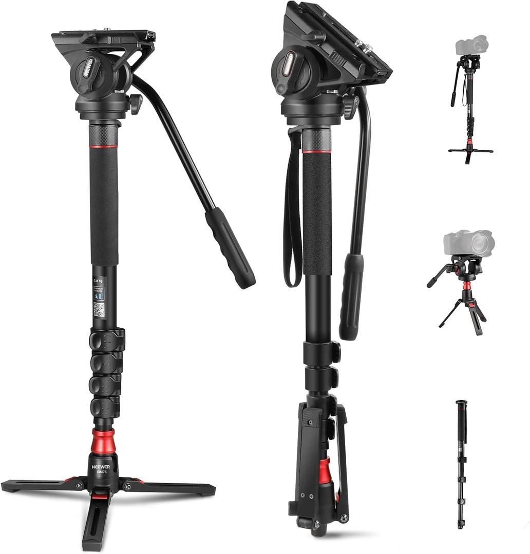 NEEWER Professional Camera Monopod with Feet, 70.5"/179cm Telescopic Portable Aluminum Travel Monopod with Pan Tilt Fluid Head and Removable Tripod Base for DSLR Camera Camcorder, Max Load 13.2lb/6Kg