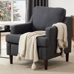 Mid-Century Accent Chair Modern Linen Fabric Armchair for Living Room,Comfy Upholstered Reading Chairs for Bedroom,Single Sofa Chair with Wood Legs (Darkgrey, Set of 1)