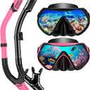 Snorkeling Gear for Adults, Snorkel Set Scuba Diving mask Dry-Top, Adult Swimming Goggles with Nose Cover, HD Tempered Glass Panoramic Anti-Leak Anti-Fog (Black+Pink)