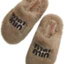 Cozy Faux Fur Slippers with Stylish Letter Embroidery Non-Slip Rubber Sole Soft Indoor Shoes for Home Brown (5-5.5 Women/4.5-5 Men)