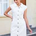 GRAPENT Denim Dress for Women Stretchy Cap Sleeve Button Down Casual Collared Above Knee Short Jean Dresses with Pockets, Small