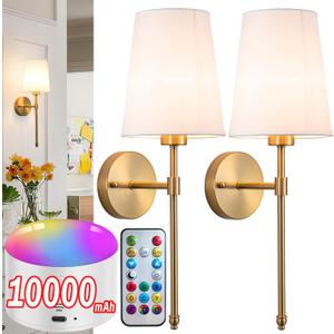 Battery Operated Wall Sconce Set of 2, Rechargeable Wall Sconce with 10000mAh Bulb and Remote, Up to 50 Hrs Use, RGB Dimmable Wireless Wall Lights for Living Room Bedroom Hallway (Brass)
