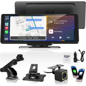 Portable Carplay Screen for Car, 10.26" Wireless Carplay Car Stereo & Android Auto Car Play Touchscreen with 1080P Backup Camera,GPS Navigation,Voice Control,5.0 Bluetooth (10.26inch)