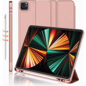 iMieet New iPad Pro 12.9 Case 2022(6th Gen)/2021(5th Gen) with Pencil Holder [Support iPad 2nd Pencil Charging/Pair],Trifold Stand Smart Case with Soft TPU Back,Auto Wake/Sleep(Rose Gold)